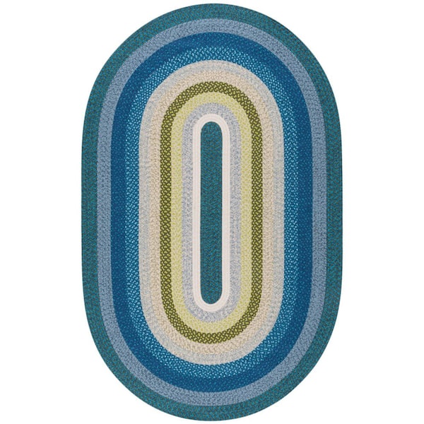 Braided Navy/Green 4 ft. x 6 ft. Machine Washable Multicolor Striped Oval Area Rug