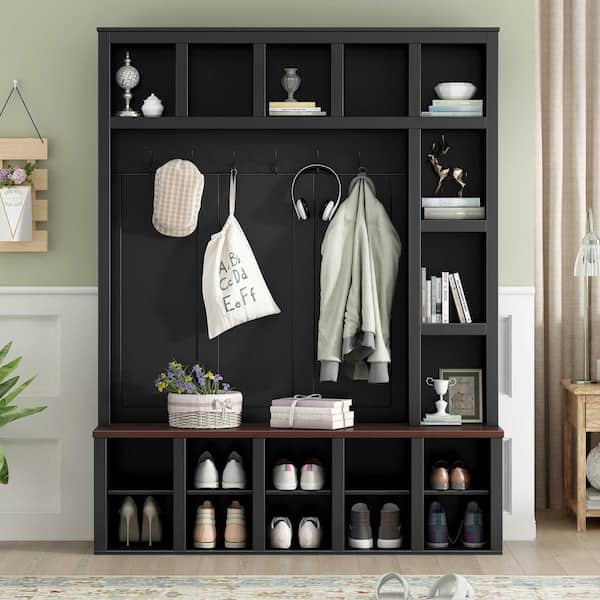 Farmhouse Hall Tree with 6 Hooks, Walnut Storage Bench with Adjustable Shelves, 13 Cubbies, Black plus Dark Walnut