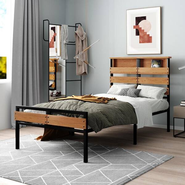 Wooden Headboard Twin Platform Bed, Twin Size Bed Frame With Storage Black
