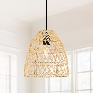Summerdale 13 in. 1-Light Natural Rattan Pendant Light with Black Canopy