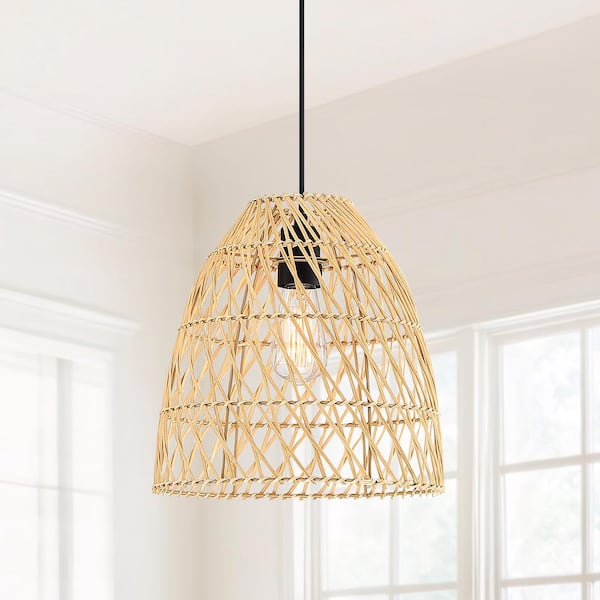 TRUE FINE Summerdale 13 in. 1-Light Natural Rattan Pendant Light with Black Canopy