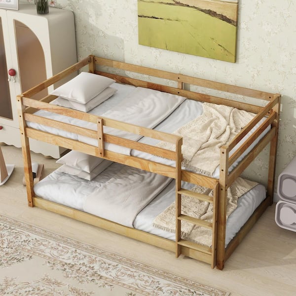 Natural Twin Over Twin Floor Bunk Bed with Ladder