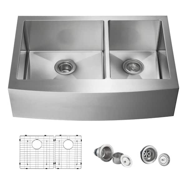 33 in. Farmhouse/Apron-Front Double Bowl 16-Gauge Satin Stainless Steel Kitchen Sink with Bottom Grids, Strainer