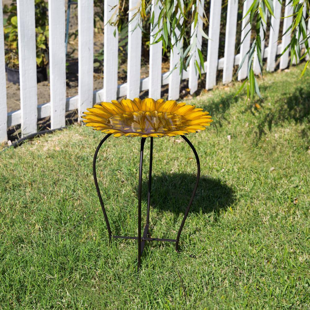 Yellow Metal Sunflower Bird Bath with Stand, 19"