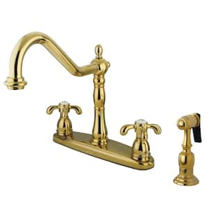 French Country 2-Handle Standard Kitchen Faucet with Side Sprayer in Polished Brass