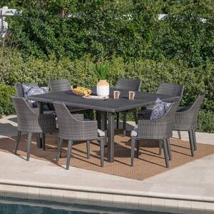 Arnell 30 in. Grey 9-Piece Metal Square Outdoor Dining Set with Light Grey Cushions