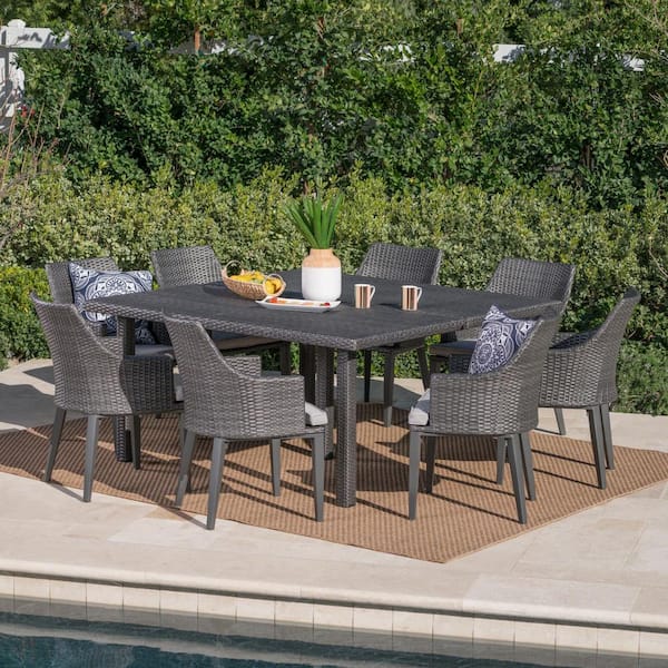 Noble House Arnell 30 in. Grey 9-Piece Metal Square Outdoor Dining Set with Light Grey Cushions
