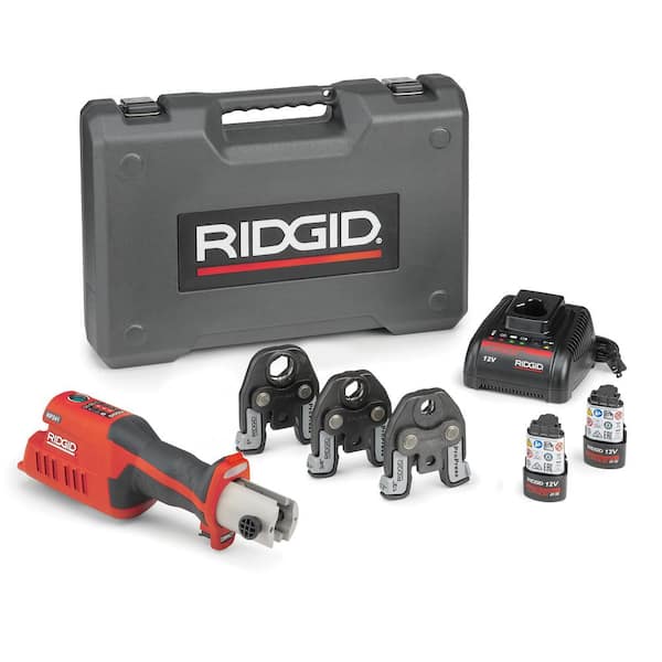 RIDGID RP 241 Compact Inline Press Tool Kit Includes 3 ProPress Jaws (1/2 in., 3/4 in., 1 in.), 2-12V Batteries, Charger + Case