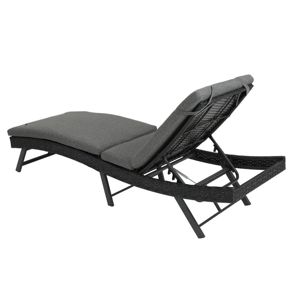 Metal Outdoor Black Chaise Lounge Rattan Adjustable Back with Cushion ...