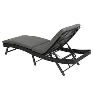Metal Outdoor Black Chaise Lounge Rattan Adjustable Back with Cushion in Gray and Folding Table