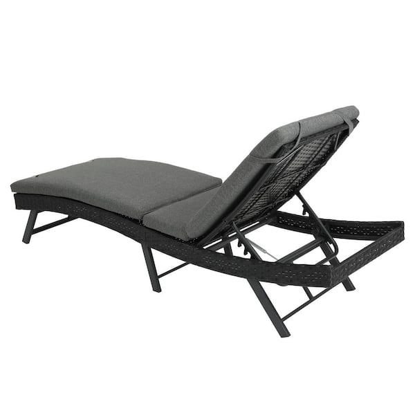 Unbranded Metal Outdoor Black Chaise Lounge Rattan Adjustable Back with Cushion in Gray and Folding Table