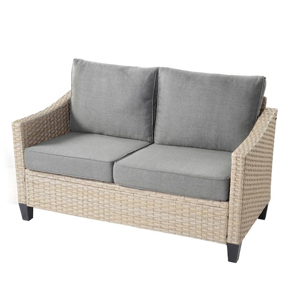 weaxty W Camelia D Beige 6-Piece Wicker Patio Rectangular Fire Pit Seating Set with Dark Gray Cushions and Swivel Rocking Chairs