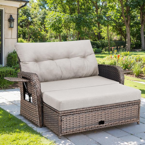2-Piece Brown Wicker Outdoor Sofa Day Bed Loveseat and Ottoman with CushionGuard Beige Cushions