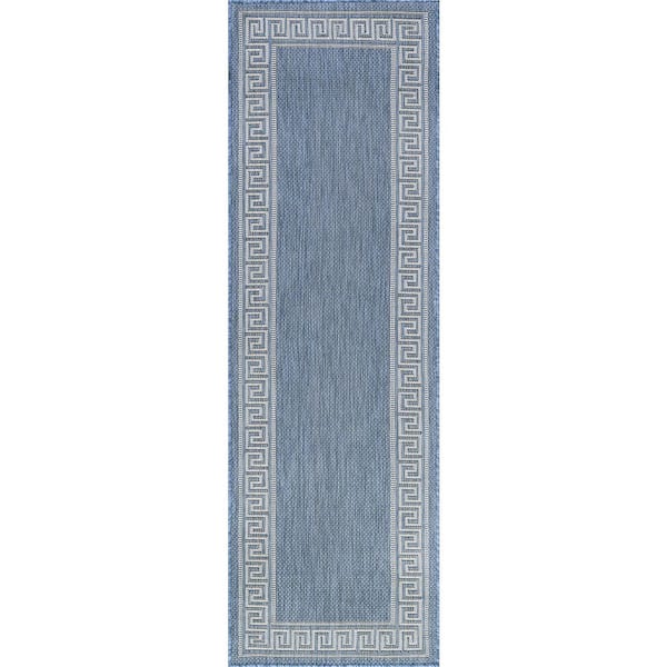 Tayse Rugs Eco Greek Key Blue 3 ft. x 10 ft. Indoor/Outdoor Runner Rug
