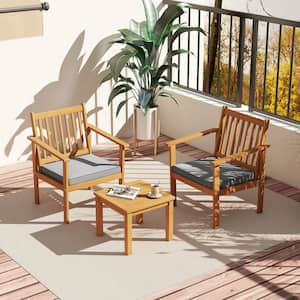 3-Piece Acacia Wood Patio Conversation Set with Gray Cushions