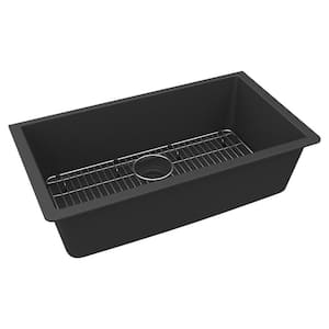 Quartz Classic 33 in. Undermount Single Bowl Matte Black Granite/Quartz Composite Kitchen Sink Kit Only