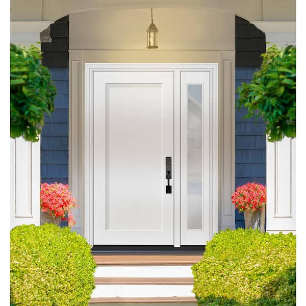 Legacy 53 in. x 80 in. 1 Panel Shaker LHIS Unfinished White Fiberglass Prehung Front Door w/Clear 14 in.SL 4-9/16 Jamb