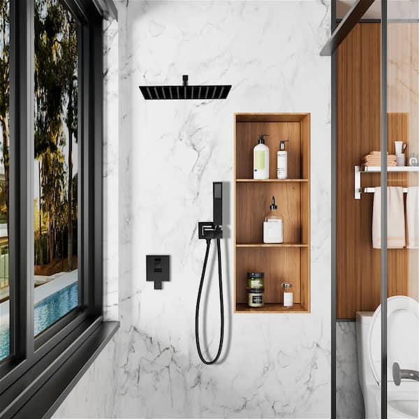 2-Spray Patterns with 2.0 GPM 10 in. Wall Mount Dual Shower Heads Hand Shower Faucet in Matte Black (Valve Included)