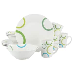 Green Loops 12-Piece White Round Fine Ceramic Dinnerware Set