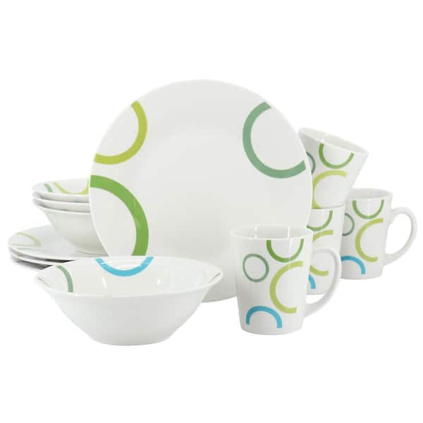 Gibson Home Green Loops 12-Piece White Round Fine Ceramic Dinnerware Set