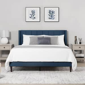 Aldrich Blue Wood and Metal Frame Upholstered Full Wingback Platform Bed with Channel Tufting Bed Frame with headboard