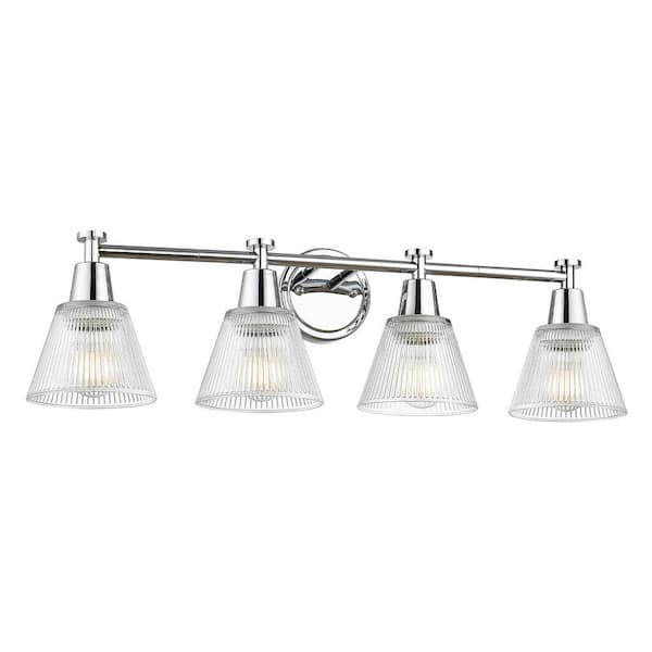 JAZAVA 29.5 in. 4-Light Chrome Vanity Light with Fluted Ripple Glass Shade