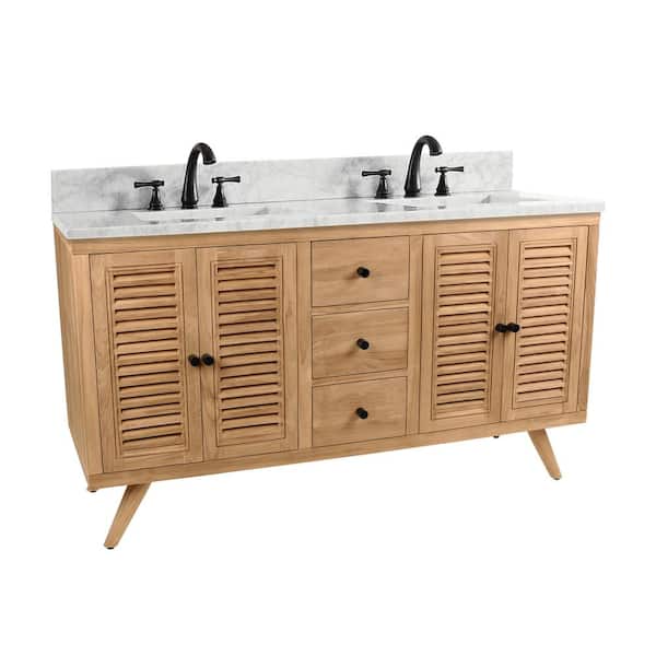 Harper 61 in. Double Sink Natural Teak Bath Vanity with Carrara White Marble Top