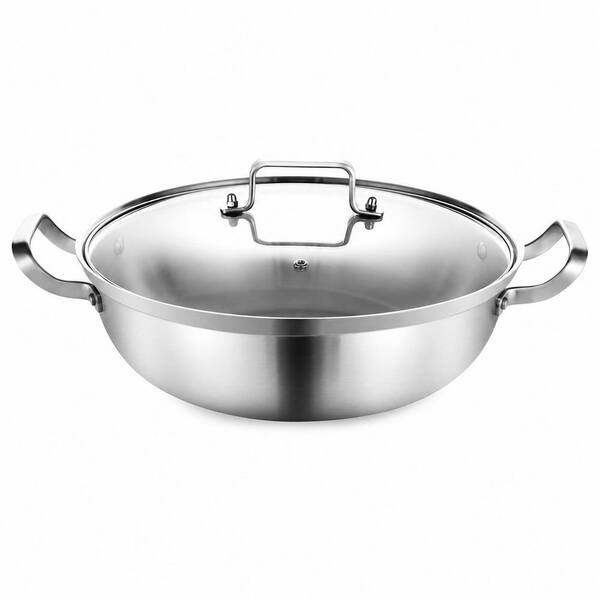 Tri-Ply Stainless Steel 14 Inch Everyday Pan with Lid, 7 Qt Deep Saute Pan, Induction Compatible Stock Pot
