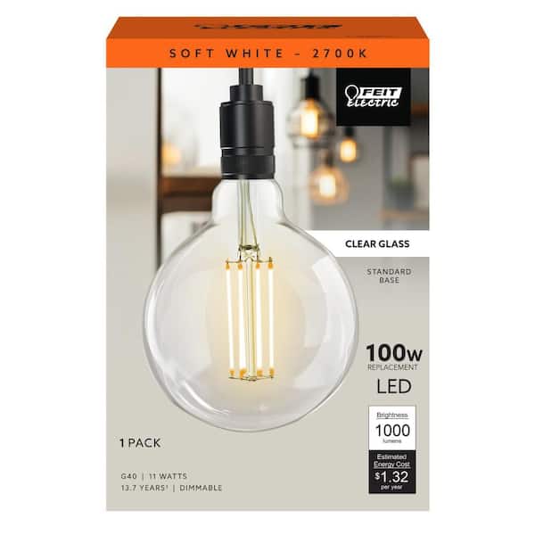 100-Watt Equivalent G40 Dimmable Straight Filament Clear Glass E26 Vintage Edison LED Light Bulb Soft White