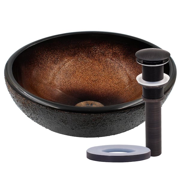 Novatto 12 in. Mini Vessel Bathroom Sink in Black and Copper Tempered Glass with Pop-Up Drain in Oil Rubbed Bronze