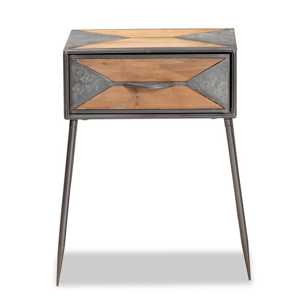 Antique Grey and Whitewashed Oak Industrial 1-Drawer Nightstand