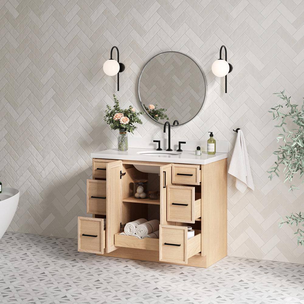 Oak Single Sink Bathroom Vanity with Pure White Quartz Top
