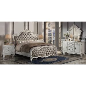 Versailles II Vintage Gray and Bone White Wood Frame Eastern King Panel Bed with Tufted Headboard and Footboard