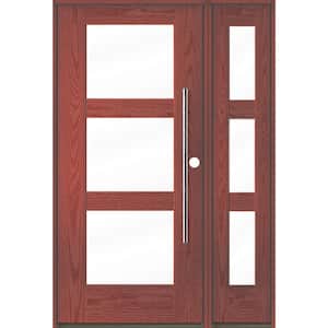 Modern Faux Pivot 50 in. x 80 in. 3-Lite Left-Hand/Inswing Clear Glass Redwood Stain Fiberglass Prehung Front Door/RSL