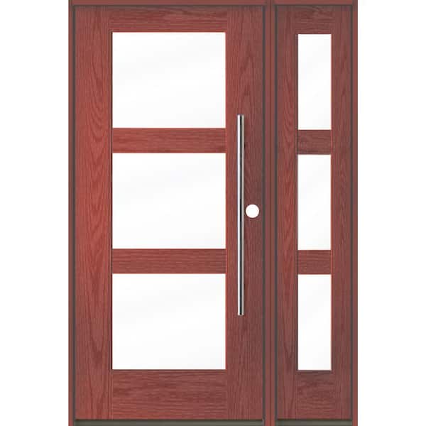 Krosswood Doors Modern Faux Pivot 50 in. x 80 in. 3-Lite Left-Hand/Inswing Clear Glass Redwood Stain Fiberglass Prehung Front Door/RSL