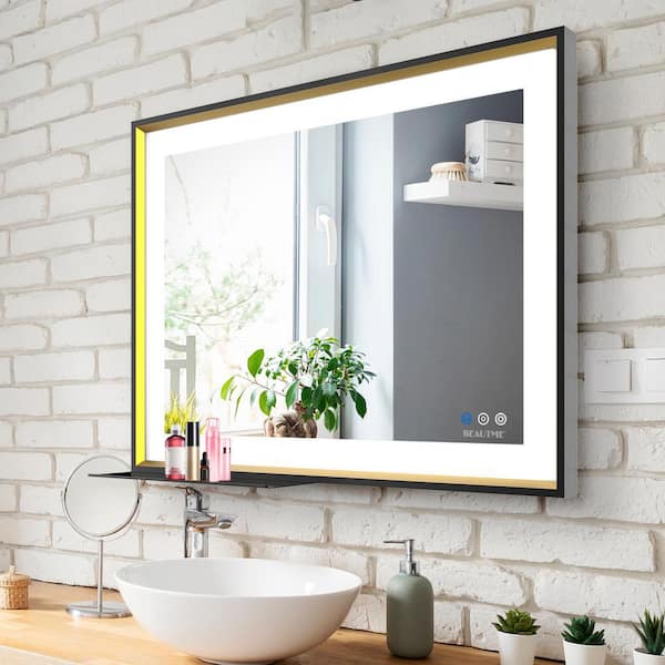 FORCLOVER 32 in. W x 24 in. H Rectangular Aluminum Framed Anti-Fog Dimmable Wall Mounted Bathroom Vanity Mirror in Black and Gold