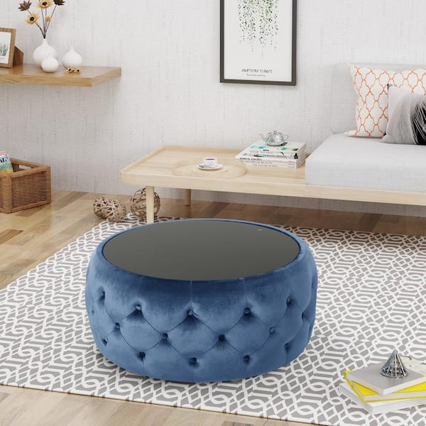CHRISTOPHER KNIGHT HOME Button Tufted Dark Blue Velvet Upholstered Round Cocktail 30 in. Ottoman, No Assembly Required