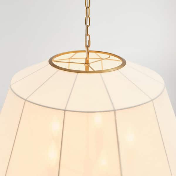 Generation Lighting - Hikari Large 5-Light Burnished Brass Dining Room Pendant Chandelier with White Linen Shade