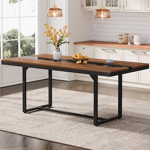 Sealey Industrial Brown Wood 63 in. Trestle Dining Table Seats 6 with Wavy Glass Tabletop, Rustic Dining Room Table