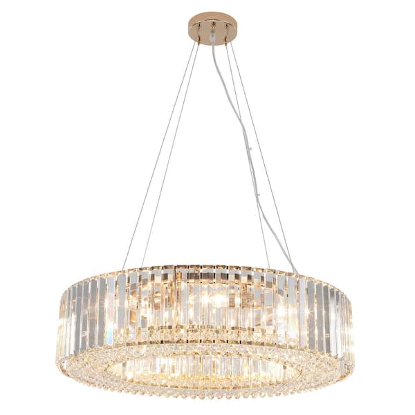 24. 8in. 8-Light Golden Drum Chandelier with Crystal Shade and No Bulbs Included For Kitchen Island Dinning Room