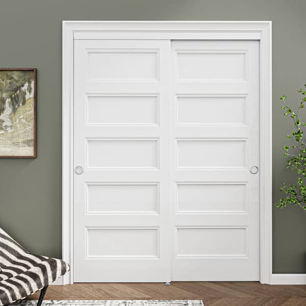 60 in. x 80 in. Paneled 5-Lite White Primed MDF Composite Sliding Door with Hardware