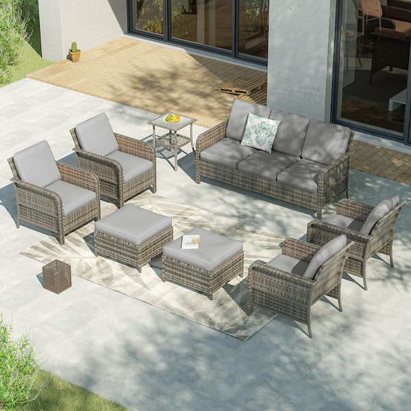 8-Piecess Patio Conversation Set Wide Armrests Patio Sofa with Side Table Set Gray Wicker with Gray Cushion