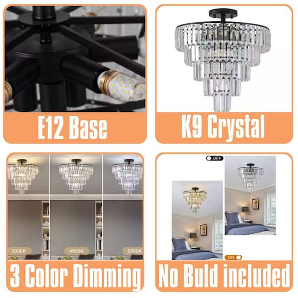 BlackCrystal Series 20 In. 10-Light Black Luxury Flush Mount with K9 Crystal Shade and No Bulb Included 1-Pack