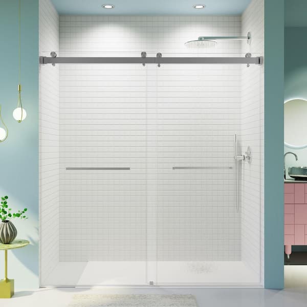 72 in. W x 76 in. H Double Sliding Frameless 3/8 in. SGCC Clear Tempered Glass Shower Door in Brushed Nickel, Reversible