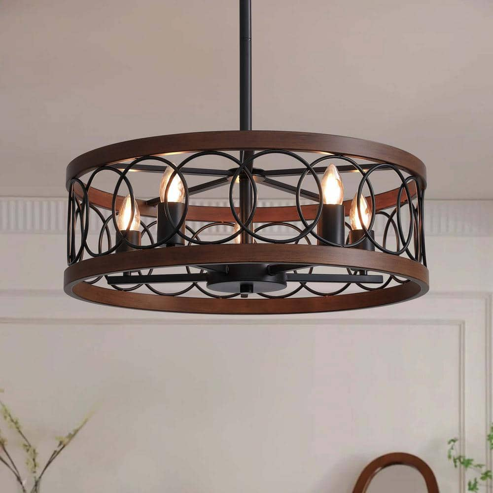 RICHARDERY 22 in. Farmhouse 5-Light Black Drum Chandelier Cylinder ...