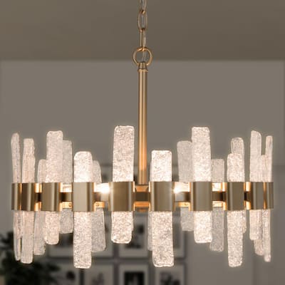 Modern Gold Dining Room Chandelier, Eicy 6-Light Farmhouse Bedroom Drum Pendant Light Fixture with Icing Glass Strips