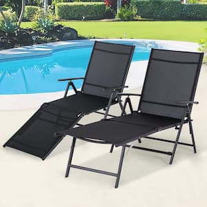 Foldable Metal Outdoor Lounge Chair in Black (Set of 2)