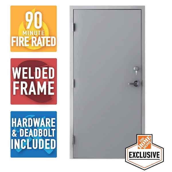 Armor Door 36 in. x 80 in. Fire-Rated Gray Right-Hand Flush Steel Prehung Commercial Door with Welded Frame, Deadlock and Hardware