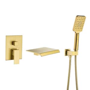 Single-Handle Wall Mount Roman Tub Faucet with Waterfall Tub Spout and Rough-In Valve in Brushed Gold