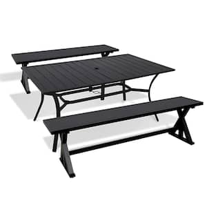 3-Piece Outdoor Bench Dining Set, 2 Long Garden Benches and Rectangle Patio Dining Table with 1.57 in. Umbrella Hole